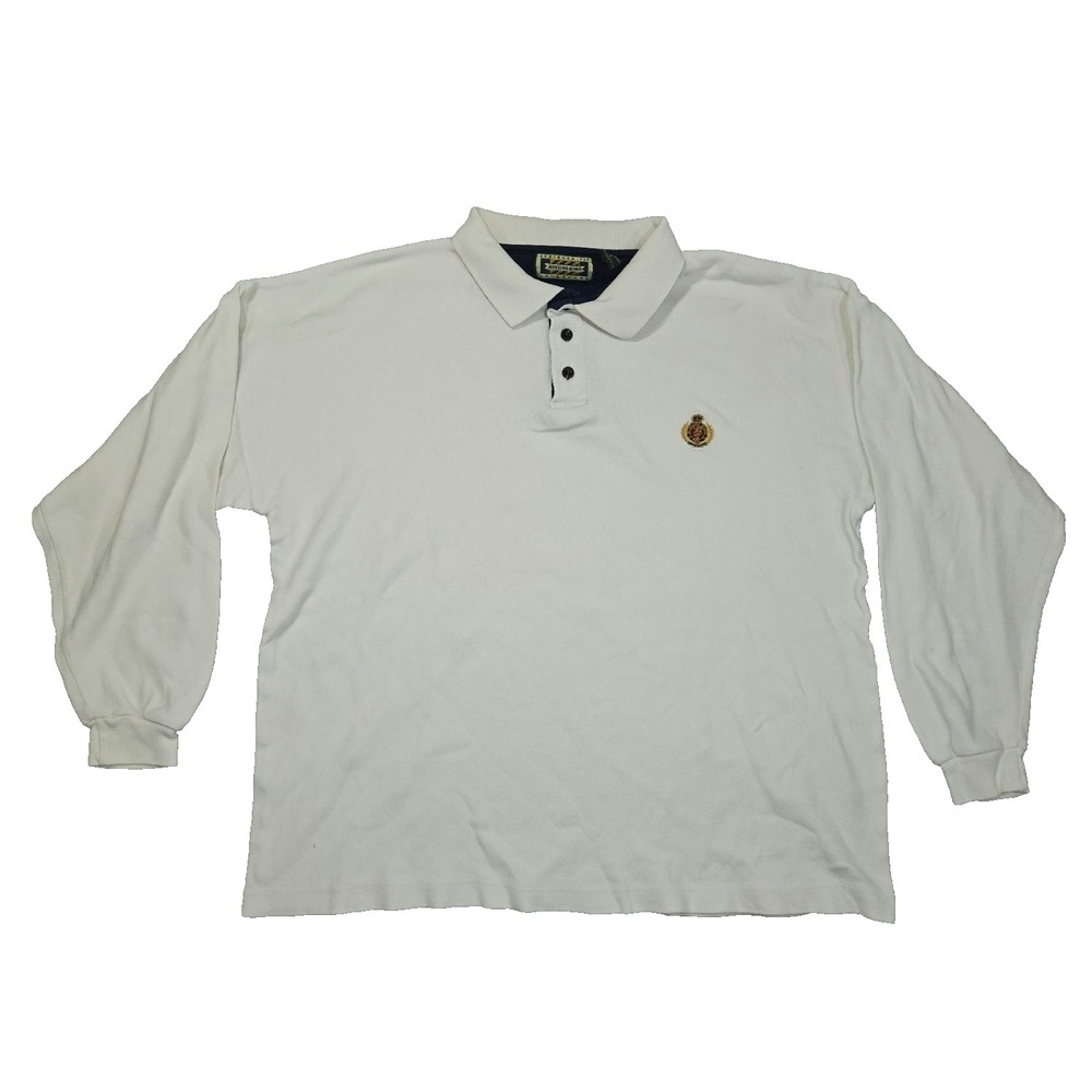 Vintage Hunting Horn Jiggings Men's Large Long Sleeve Polo White Embroidered